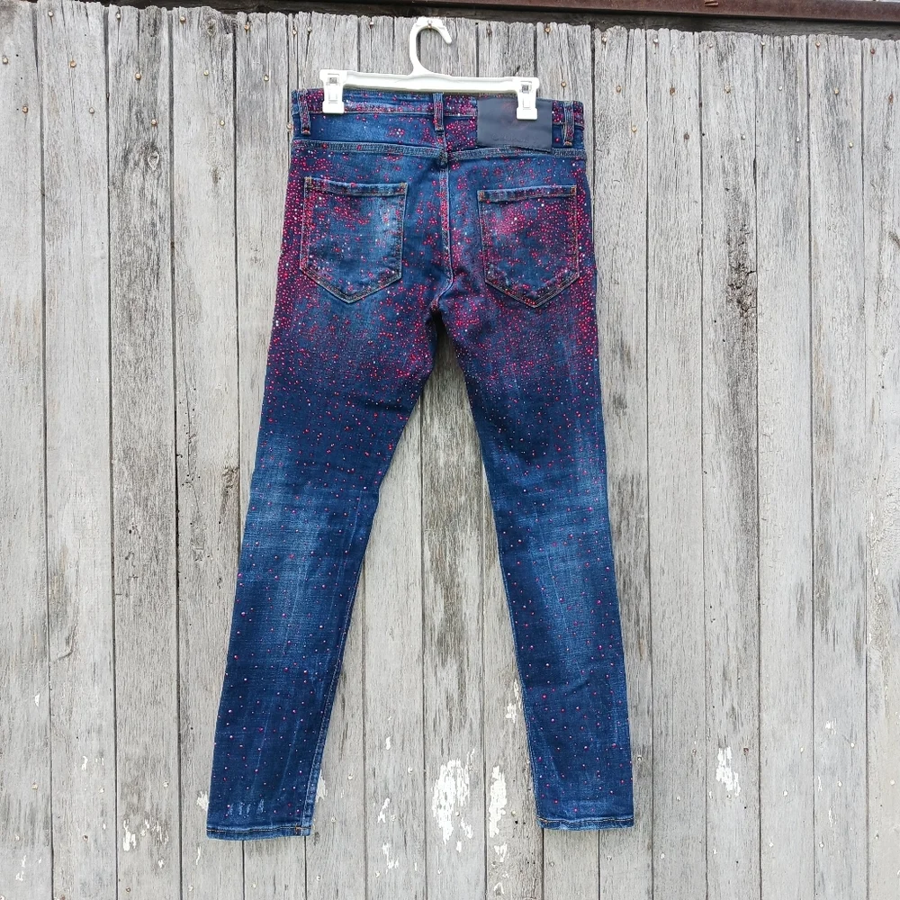Avenue George V  Red‎ Rhinestone Skinny Jeans Mens Sz 32 Button Fly Distressed